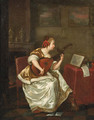 A woman, seated by a table in an interior, playing the lute - (after) Gerard Ter Borch