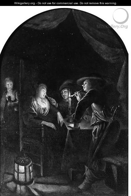 Cavaliers Teasing A Woman Asleep By A Table, In An Inn - Gerrit Dou