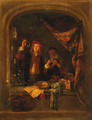 A Quack Standing Small Three Quarter Length At A Draped Stone Window Inspecting The Urine Of A Woman Standing Nearby - Gerrit Dou