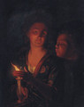 A boy blowing a candle held by a lady - (after) Godfried Schalken