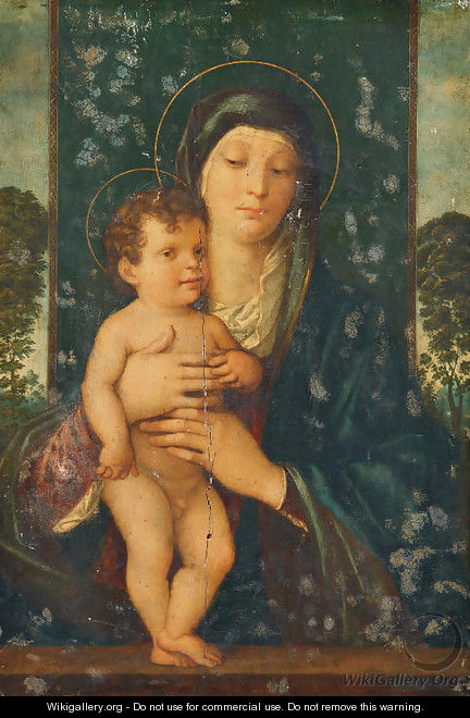 The Madonna and Child enthroned in a landscape - (after) Giovanni Bellini