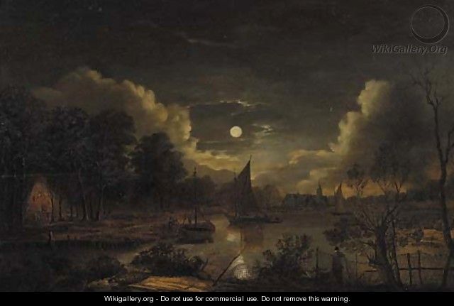 Fishermen sailing on a river by a village at night - (after) Aert Van Der Neer