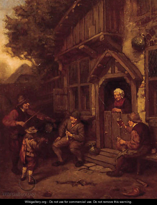 Boors listening to the music of a violinist in a farmyard - (after) Adriaen Jansz. Van Ostade
