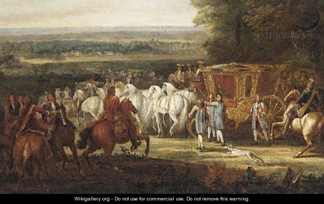 A Royal carriage with attendants in an extensive landscape - Adam Frans van der Meulen