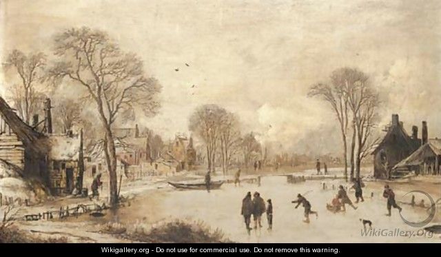 Skaters on a frozen canal by a village - Aert van der Neer