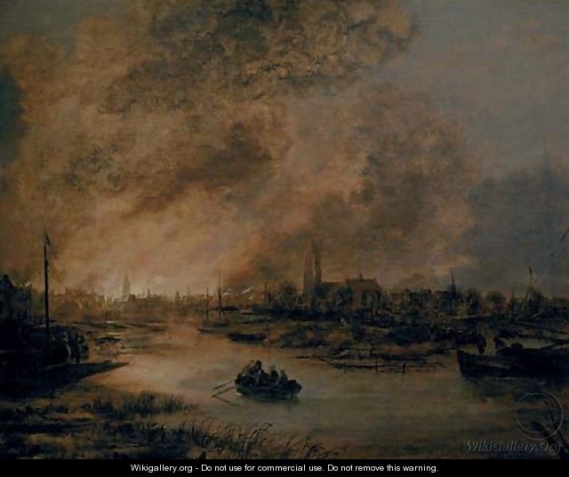 A river landscape at night with a rowing boat, a burning city beyond - Aert van der Neer
