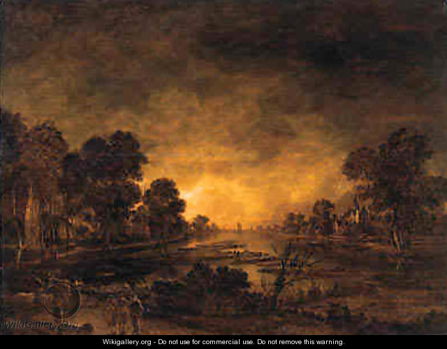 A moonlit riverlandscape with a driver and cattle on a track, a castle and a village beyond - Aert van der Neer