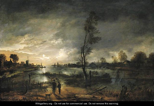 A moonlit river landscape with figures and a town beyond - Aert van der Neer