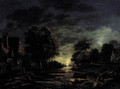 A moonlight river landscdape with two men resting on the bank - Aert van der Neer