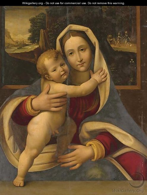 The Madonna and Child with travelers in a landscape - (after) Andrea Solario
