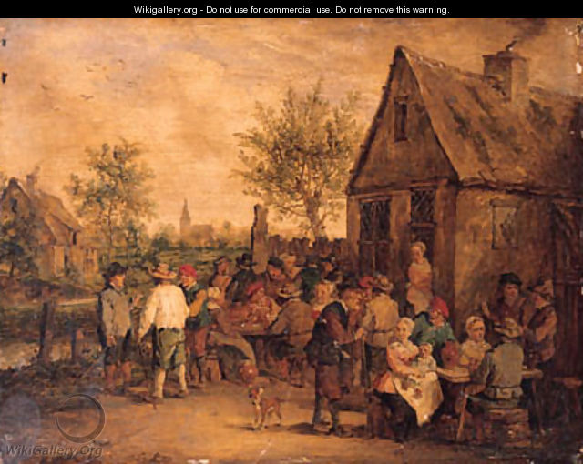 Boors smoking, drinking and playing at cards outside an inn - David The Younger Teniers
