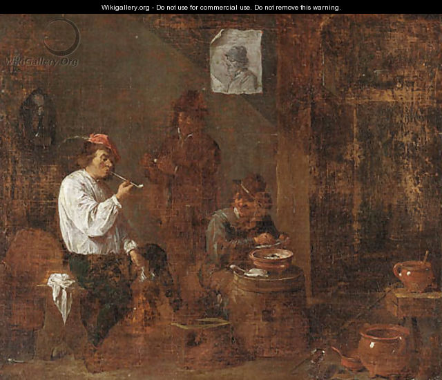 Boors smoking and drinking in a tavern interior - David The Younger Teniers