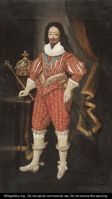 Portrait of King Charles I (1600-1649), full-length, wearing a red doublet and breeches, with a crown and sceptre to his side - (after) Daniel Mytens