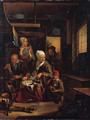 An old woman baking pancakes on an open fire, an old man smoking a pipe and a child nearby, in a kitchen - Cornelius de Visscher