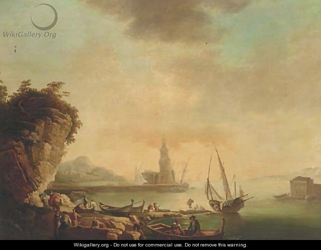A Mediterranean harbour at sunset with stevedores on the quay - (after) Claude-Joseph Vernet