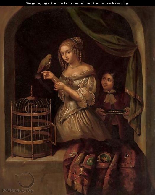 A lady with a parrot at a casement 2 - (after) Caspar Netscher