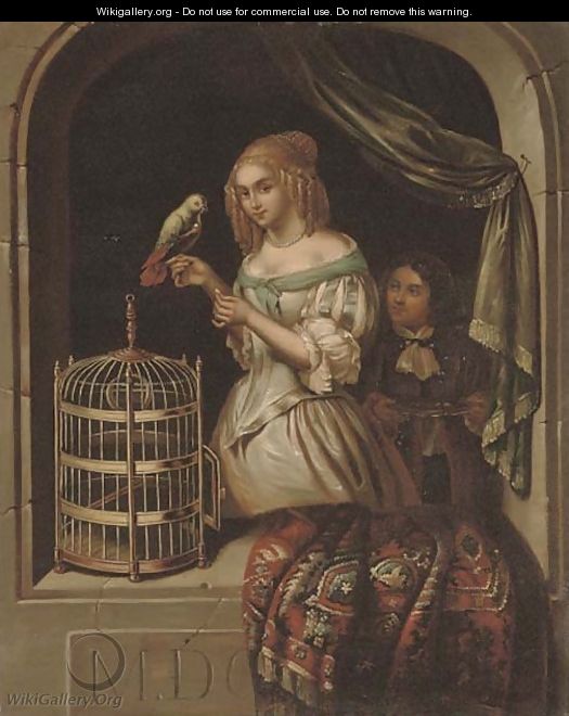 A lady with a parrot at a casement - (after) Caspar Netscher