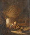 A peasant Family in a Barn with an old Woman spinning - Adriaen Jansz. Van Ostade