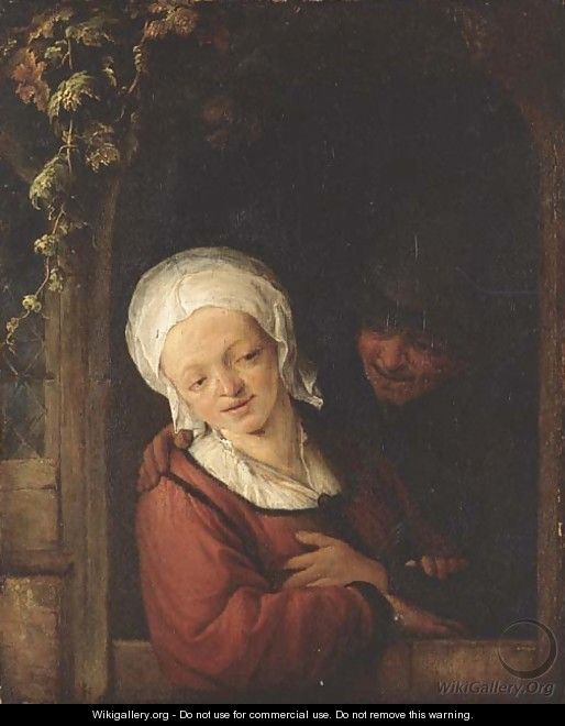 An amorous couple at a cottage door - Adriaen Jansz. Van Ostade