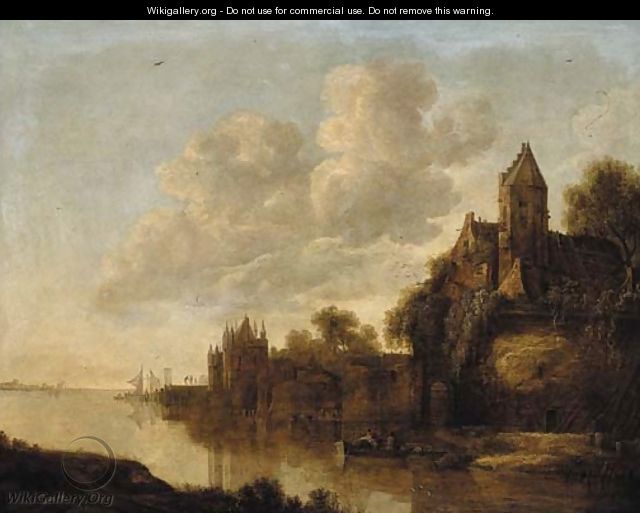 A castle by a river with fishermen in a rowing boat, at sunset - Adriaen Hendricksz Verboom