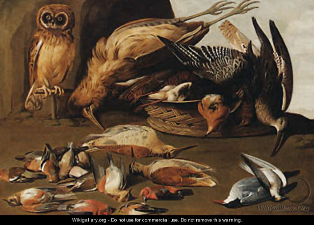 An owl on a perch with dead birds - Adriaen Geurtsz. Boogaert