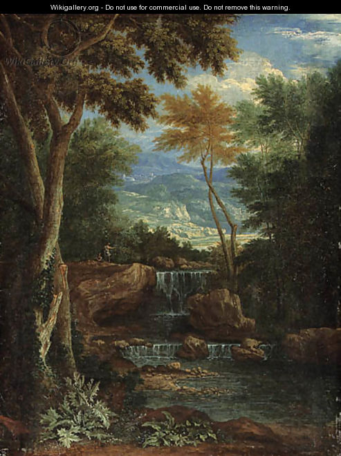 An Italianate wooded Landscape with Figures by a Waterfall - Adriaen Frans Boudewijns