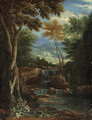 An Italianate wooded Landscape with Figures by a Waterfall - Adriaen Frans Boudewijns
