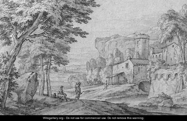 An Italianate river landscape with travellers on a road near a fortified town - Adriaen Frans Boudewijns