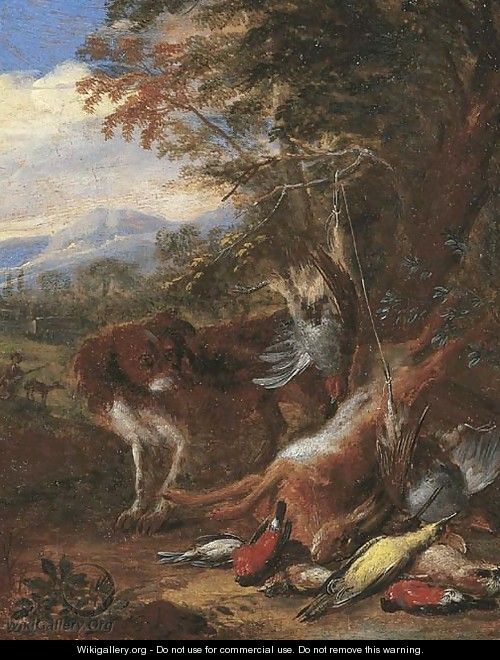 A hunting still life with a spaniel watching a bag of hare and songbirds, a landscape with a hunter and his dog beyond - Adriaen de Gryef