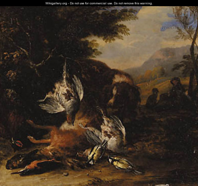 A dead hare, a brace of partridge, a kingfisher, a chaffinch, a thrush and a cock pheasant with a spaniel, a hunter with another dog beyond, in a wood - Adriaen de Gryef