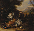 A dead hare, a brace of partridge, a kingfisher, a chaffinch, a thrush and a cock pheasant with a spaniel, a hunter with another dog beyond, in a wood - Adriaen de Gryef