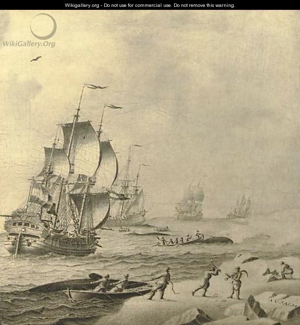 Whaling ships in rough waters with whale hunters bringing in their catch - Adriaen Cornelisz. Van Salm