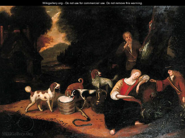 A sportsman teasing a shepherdess asleep at the edge of a wood - Adriaen Cornelisz. Beeldemaker