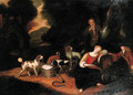 A sportsman teasing a shepherdess asleep at the edge of a wood - Adriaen Cornelisz. Beeldemaker
