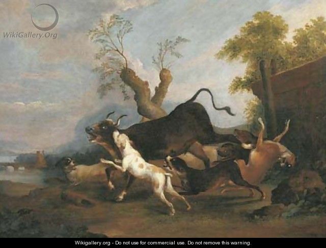 A pastoral river landscape with hounds chasing a bull - Adriaen Cornelisz. Beeldemaker