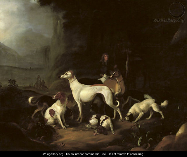 A hunter and his dogs resting at the entrance of a cave - Adriaen Cornelisz. Beeldemaker