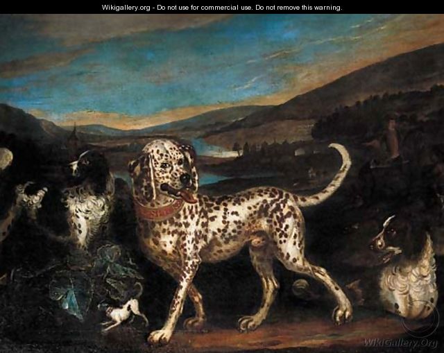 A dalmatian with a sportsman and hounds in a landscape - Adriaen Cornelisz. Beeldemaker