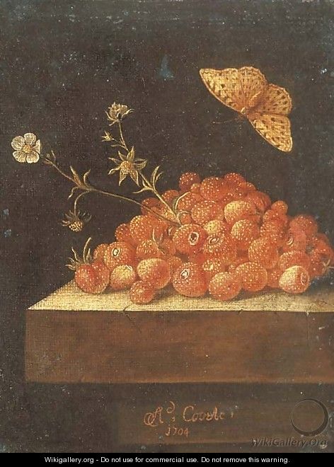 Stawberries in a pot on a stone ledge with a butterfly - Adriaen Coorte