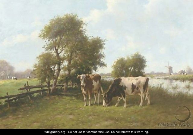 Cattle grazing by a river in summer - Adriaan Marinus Geyp