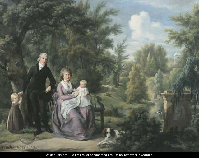 Group portrait of a gentleman and a lady, the latter seated on a bench, with their two children and dog in the park of Elswout, Overveen - Adriaan de Lelie