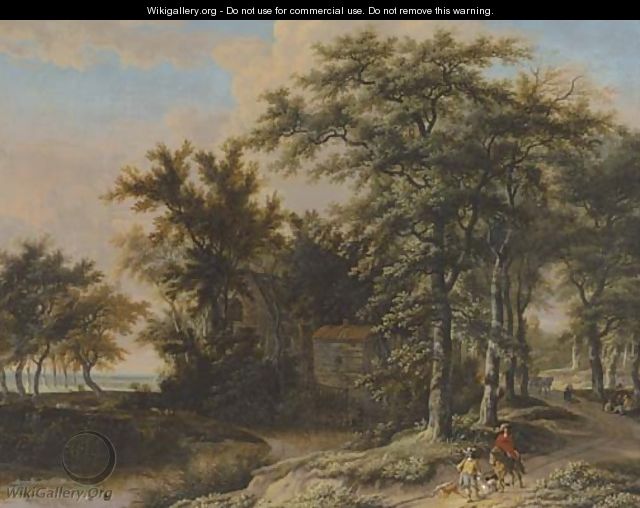 A wooded landscape with hunters on a path - Adriaen Hendricksz Verboom