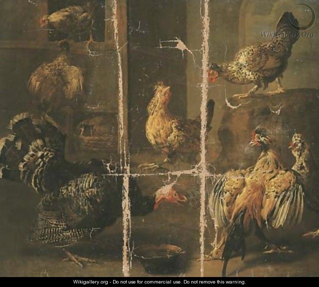 A turkey and chickens in a yard - Adriaen van Utrecht