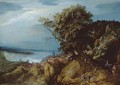 A rocky river landscape with travellers on a path by a town - Adriaan van Stalbemt