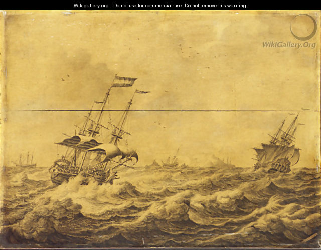 Dutch Galley Frigates and others shipping in choppy seas - a penschilderij - Adriaen or Abraham Salm