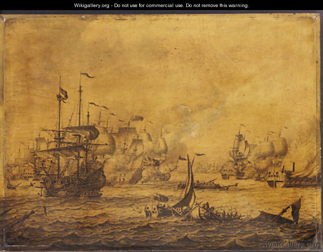 A naval engagement between English and Dutch men-of-war - a penschilderij - Adriaen or Abraham Salm