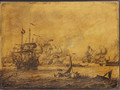 A naval engagement between English and Dutch men-of-war - a penschilderij - Adriaen or Abraham Salm