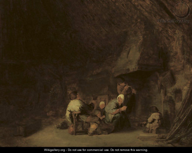 A peasant family by a fireplace in a barn - Adriaen Jansz. Van Ostade