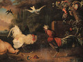 Two cocks fighting, with hens, a swallow and two exotic birds in a wooded landscape - Adriaen van Oolen
