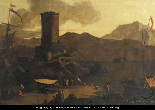 A Mediterranean coastal landscape with fishermen and merchants on a quay by a ruined tower, at sunset - Adriaen Van Der Kabel