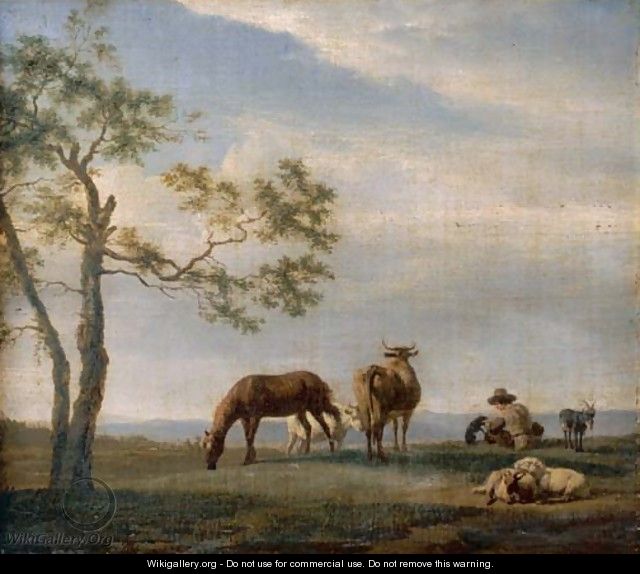 An extensive landscape with a herdsman with cattle, goats and a horse - Adriaen Van De Velde